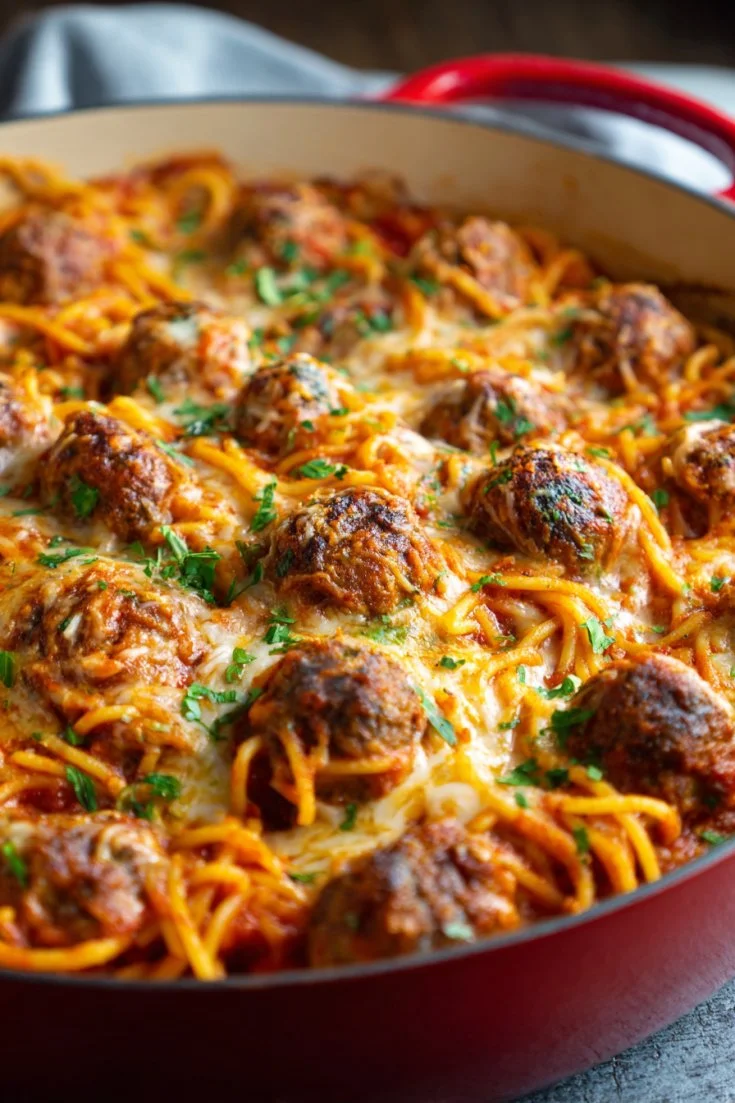 Baked spaghetti and meatballs served in a dish, garnished with parsley