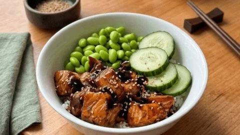 Delicious Air Fryer Salmon Bites drizzled with honey garlic sauce