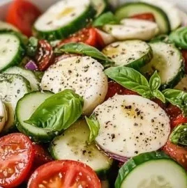 Refreshing Caprese Salad with cucumber and fresh basil on a plate