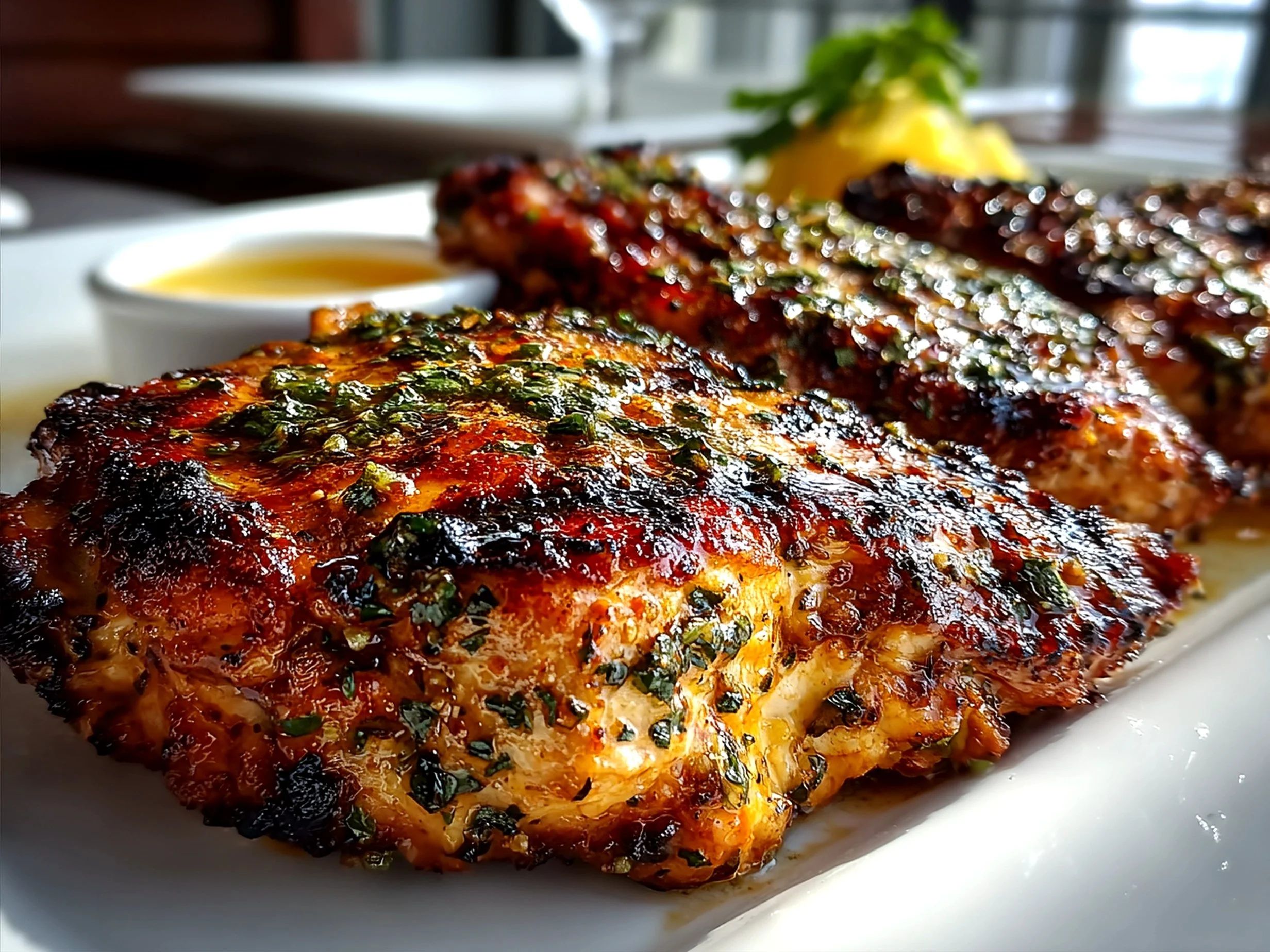 Copycat Texas Roadhouse Grilled Chicken plated with herbs and spices.