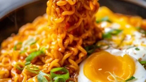 Creamy Buldak Cheese Ramen served in a bowl with toppings