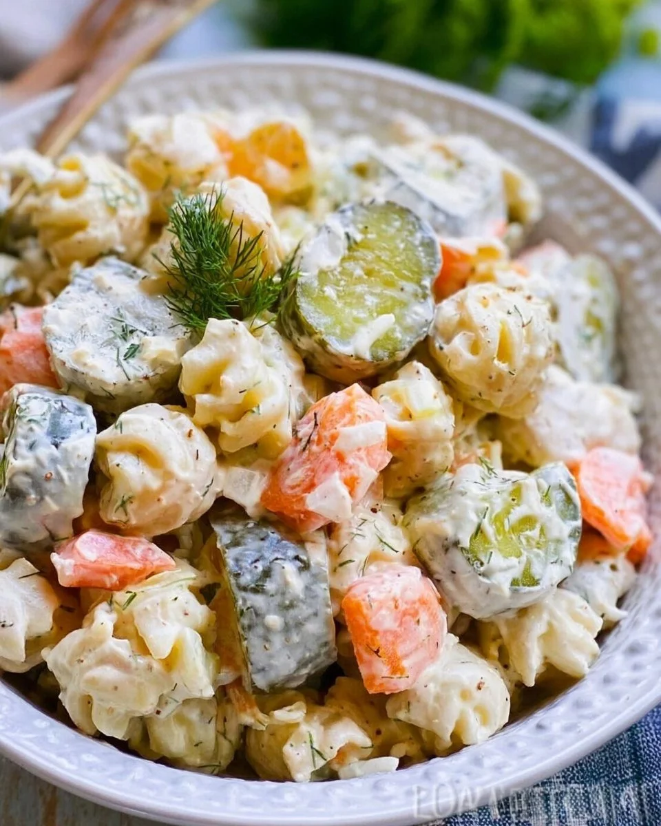 Creamy dill pickle pasta salad featuring pasta, dill pickles, and a tangy dressing.