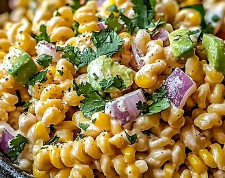 Creamy Mexican Street Corn Pasta Salad with vibrant ingredients and textures