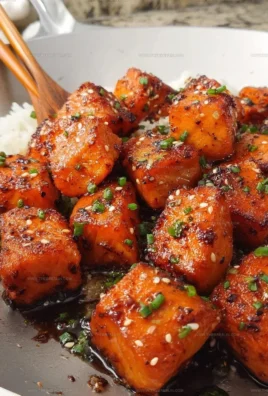 Crispy honey garlic salmon bites served in a skillet