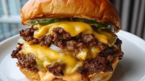 Crispy smash burger with lacy edges and delicious secret sauce on a grill
