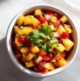 Bowl of homemade delicious peach salsa with fresh ingredients