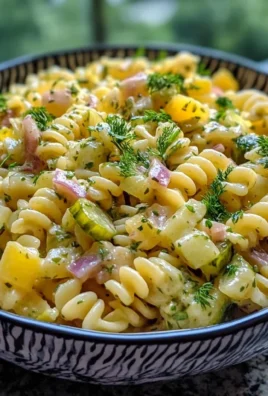A colorful bowl of Dill Pickle Pasta Salad topped with fresh herbs.