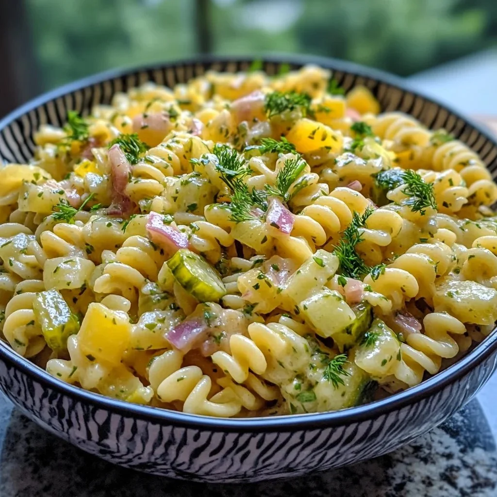A colorful bowl of Dill Pickle Pasta Salad topped with fresh herbs.
