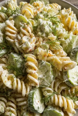 Bowl of dill pickle pasta salad with fresh ingredients, perfect for summer meals.