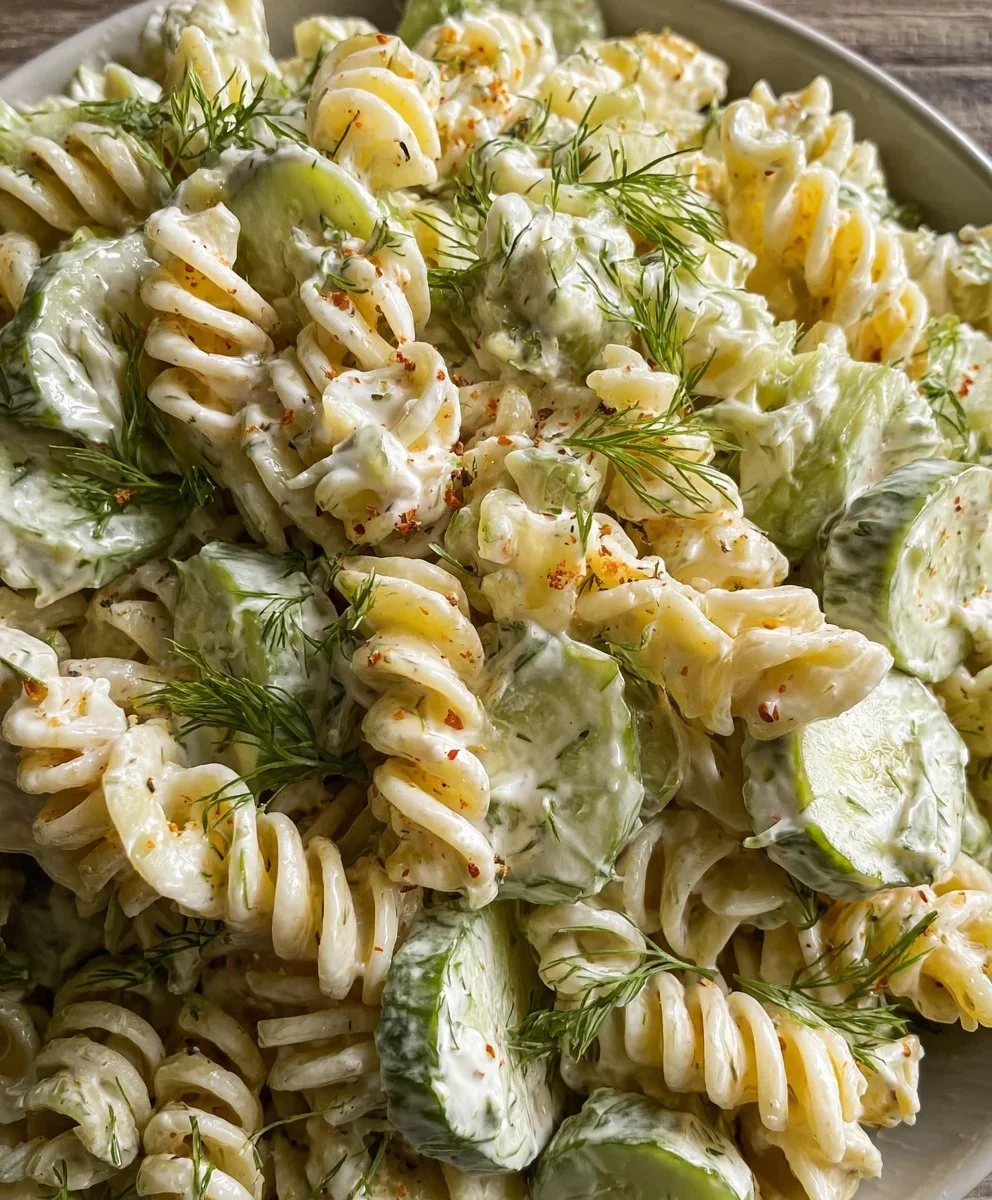 Bowl of dill pickle pasta salad with fresh ingredients, perfect for summer meals.