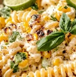Easy creamy street corn pasta salad with vibrant ingredients in a bowl