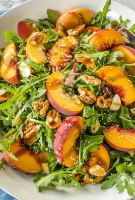 Fresh peach arugula salad with vibrant toppings in a bowl