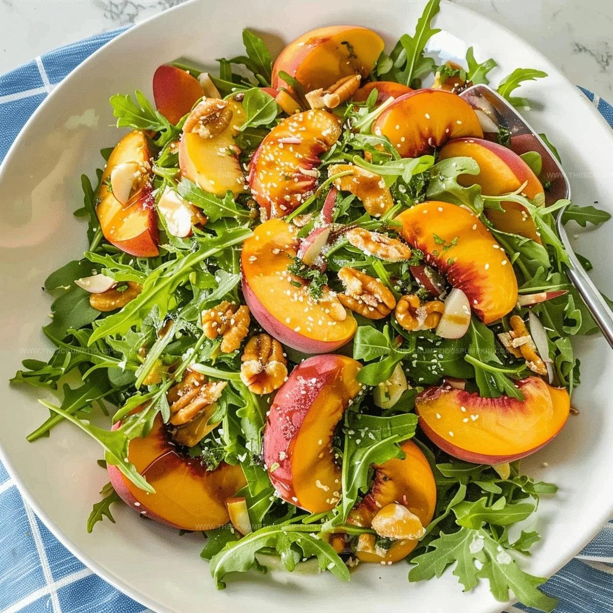Fresh peach arugula salad with vibrant toppings in a bowl