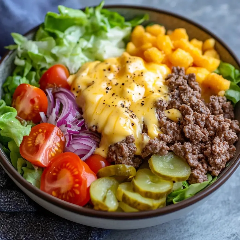 Savory Smash Burger Bowl with toppings and fresh ingredients