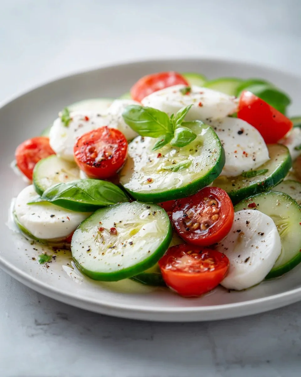 Fresh Cucumber Caprese Salad with mozzarella, tomatoes, and basil