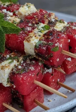 Fresh watermelon feta skewers with mint on a platter