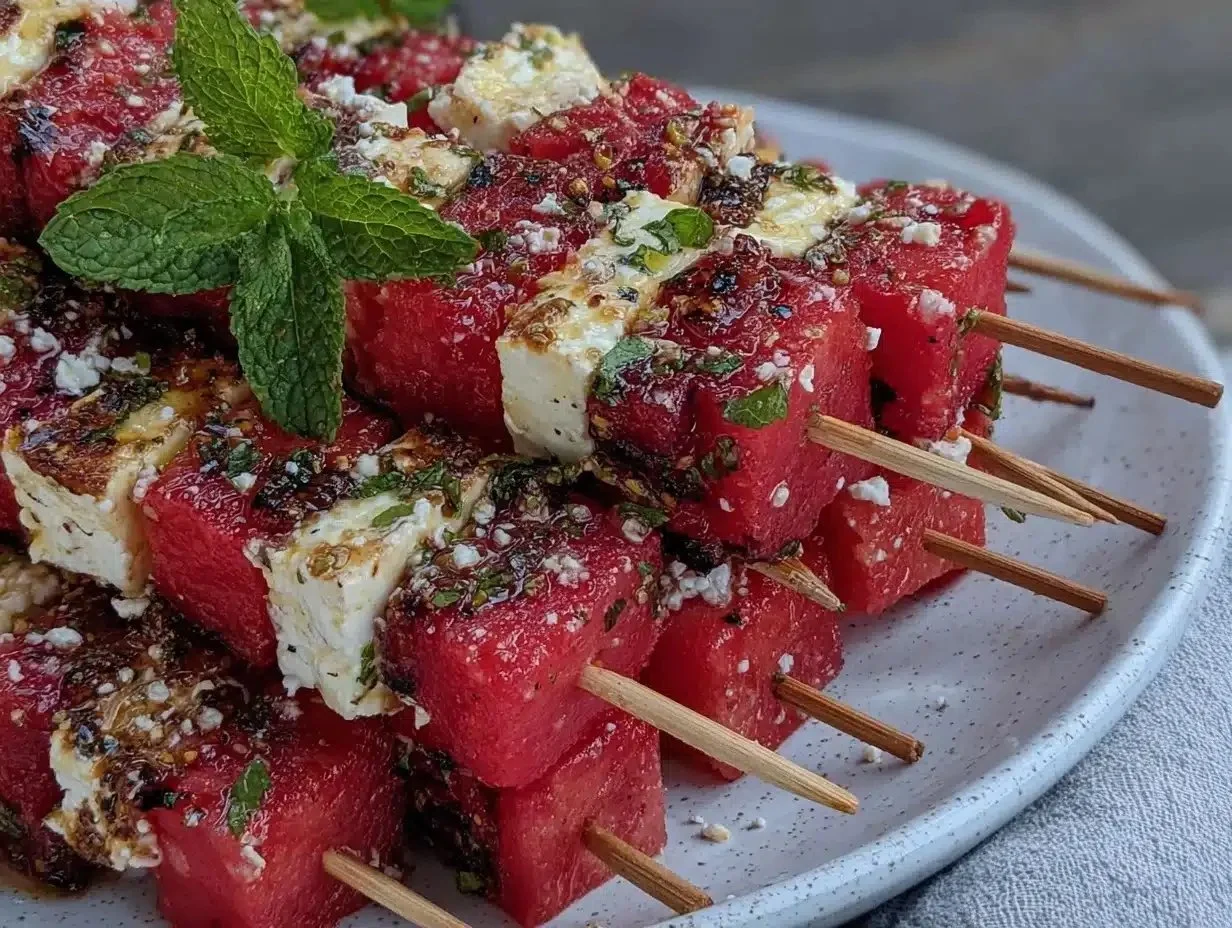 Fresh watermelon feta skewers with mint on a platter