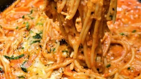 Plate of delicious fried leftover spaghetti garnished with herbs