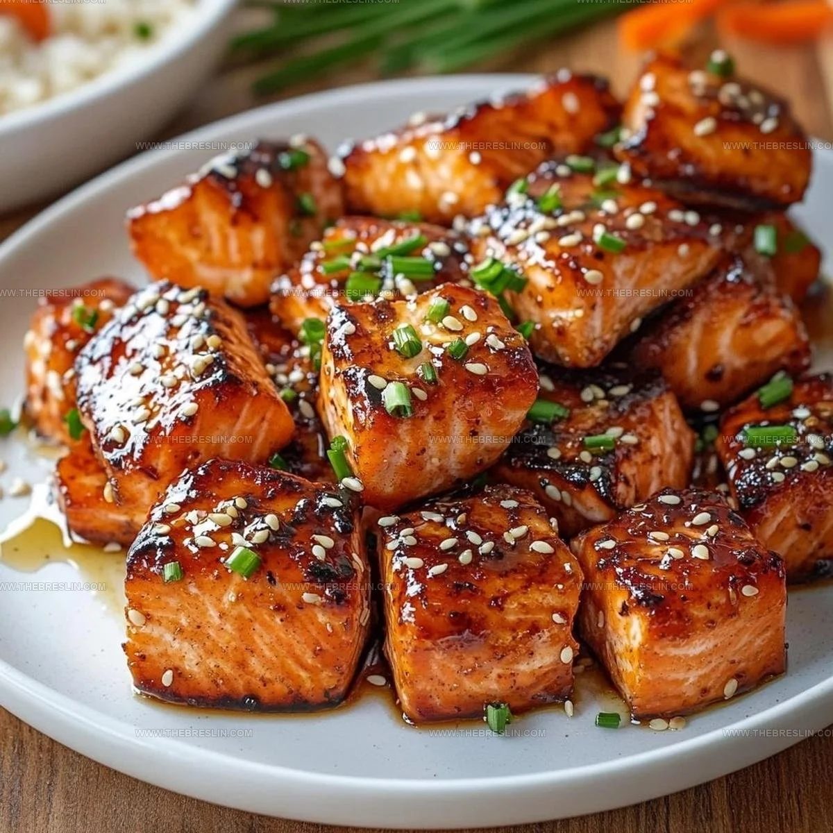 Delicious honey garlic salmon bites glazed and ready to serve