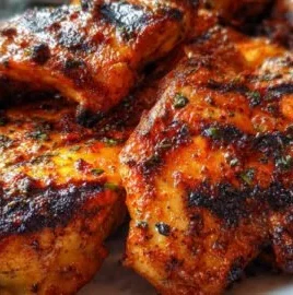 Deliciously grilled BBQ chicken on a platter with sauce and garnishes