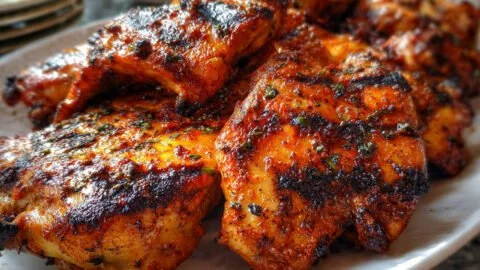 Deliciously grilled BBQ chicken on a platter with sauce and garnishes