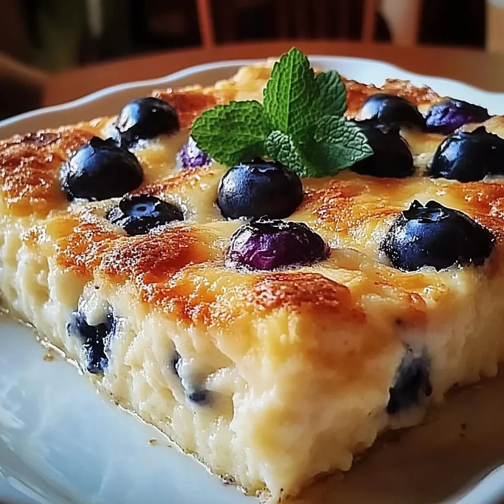 Healthy Blueberry Cottage Cheese Breakfast Bake ready to serve in a dish