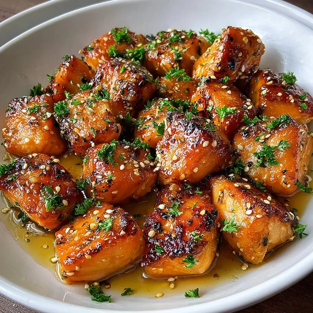 Delicious honey garlic salmon bites served on a plate with garnishes