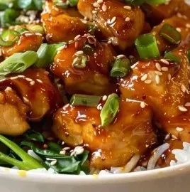 Hot Honey Chicken Bowl featuring sweet and spicy chicken over rice and vegetables
