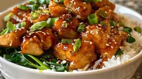 Hot Honey Chicken Bowl featuring sweet and spicy chicken over rice and vegetables