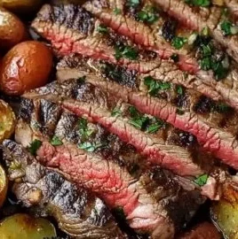 Sheet pan flank steak with garlic roasted potatoes for a delicious dinner.