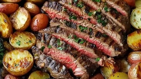 Sheet pan flank steak with garlic roasted potatoes for a delicious dinner.