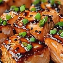 Delicious teriyaki salmon bites served on a plate with garnish