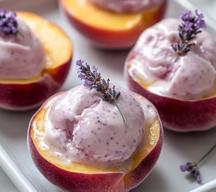 Lavender Honey Peach Cups garnished with fresh herbs and fruit, served in elegant cups.