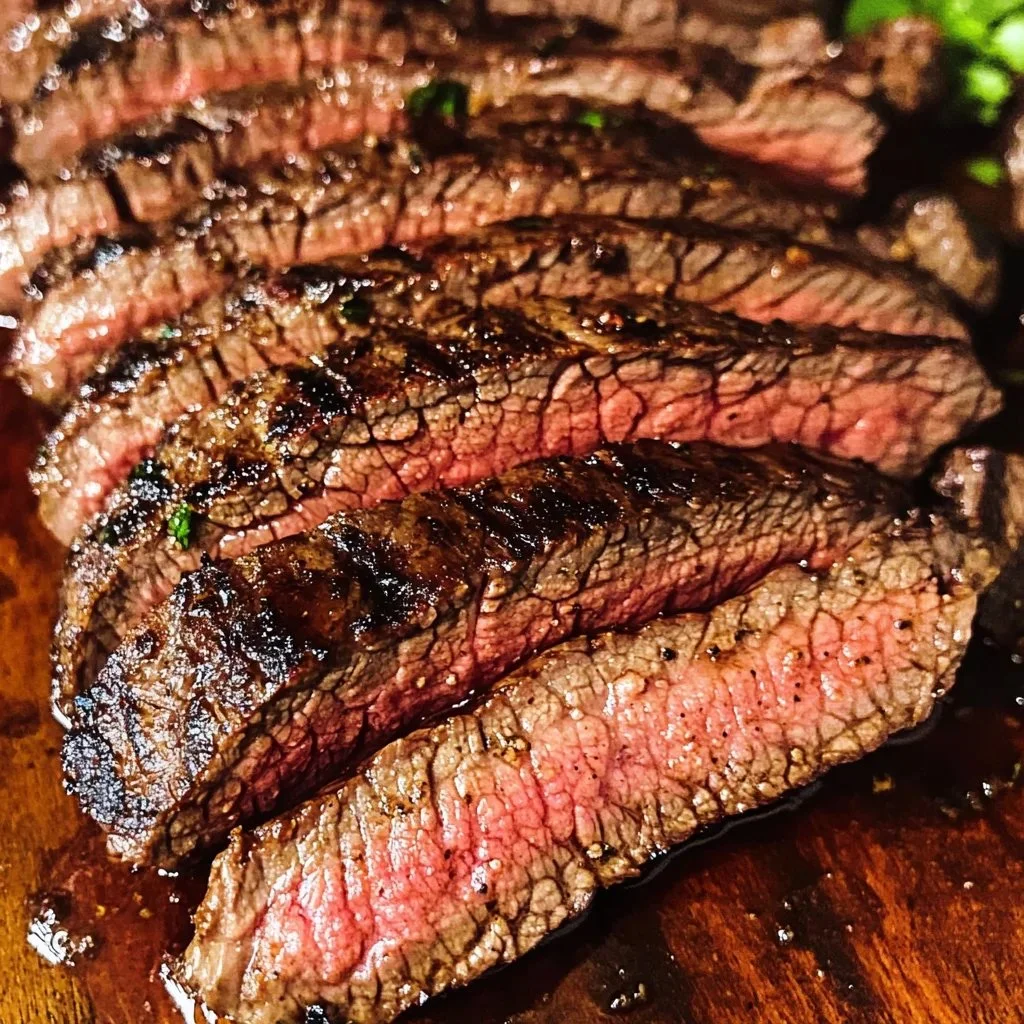Juicy marinated grilled flank steak on a serving platter