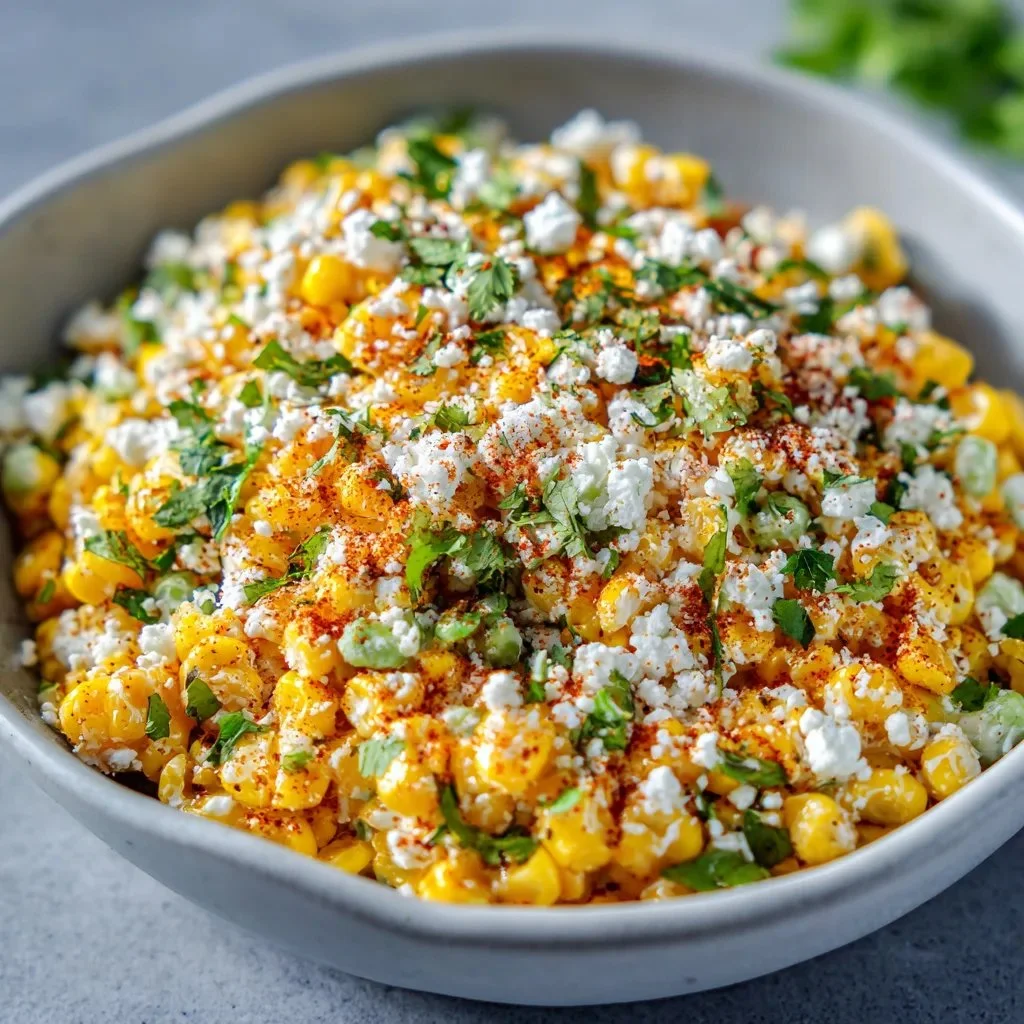 Bowl of Mexican Street Corn Salad (Elote) topped with fresh ingredients