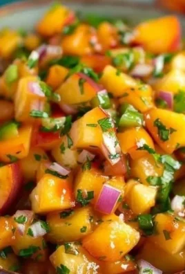 Freshly made peach salsa in a bowl with cilantro and lime
