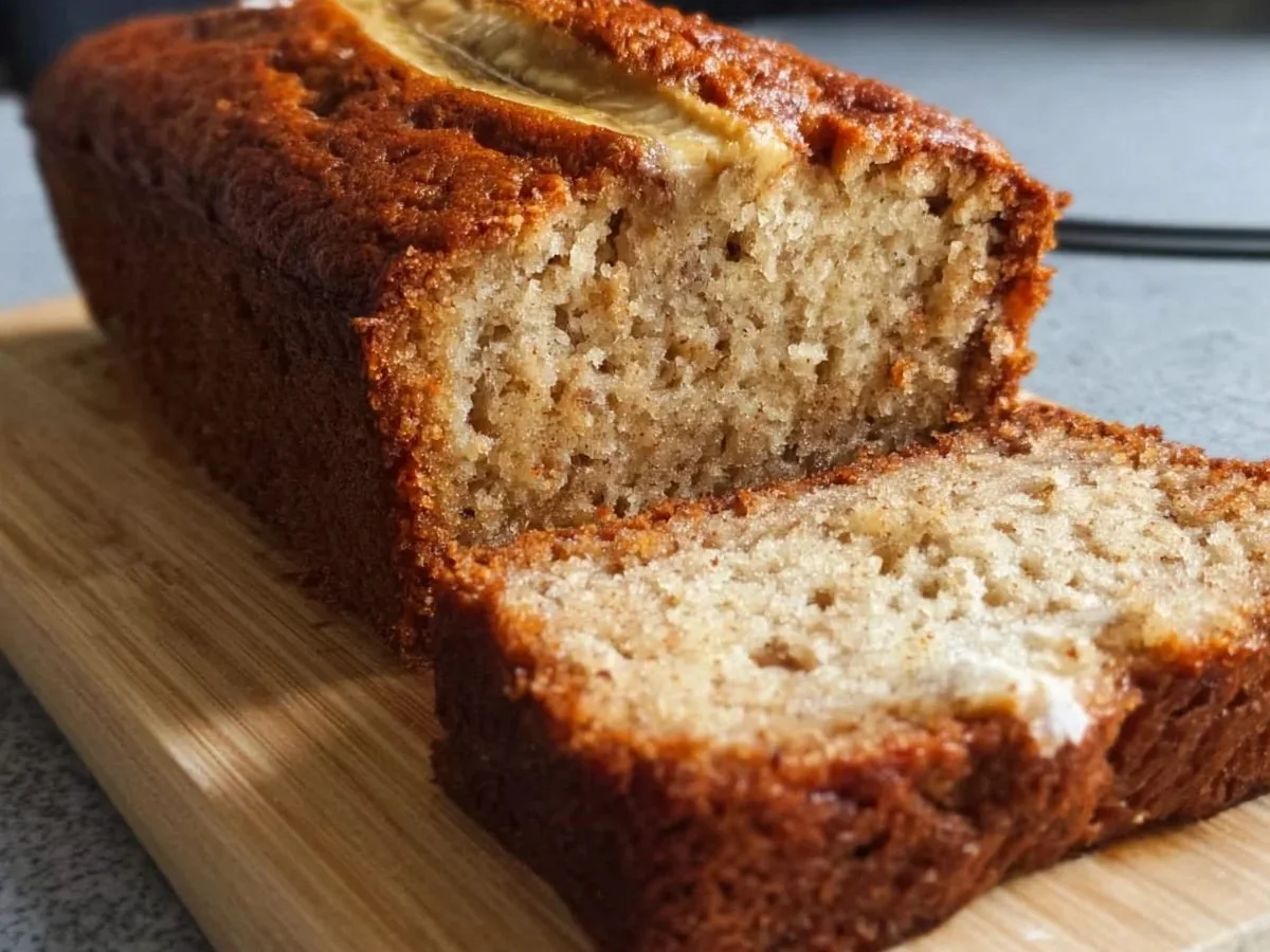 Slice of protein-packed Greek yogurt banana bread on a plate