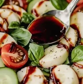 Fresh cucumber caprese salad with mozzarella and basil drizzled with balsamic glaze.