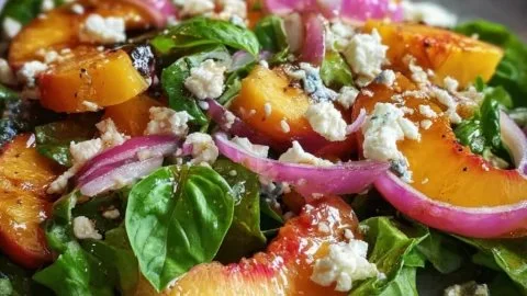 Refreshing summer peach salad with vibrant ingredients and colors