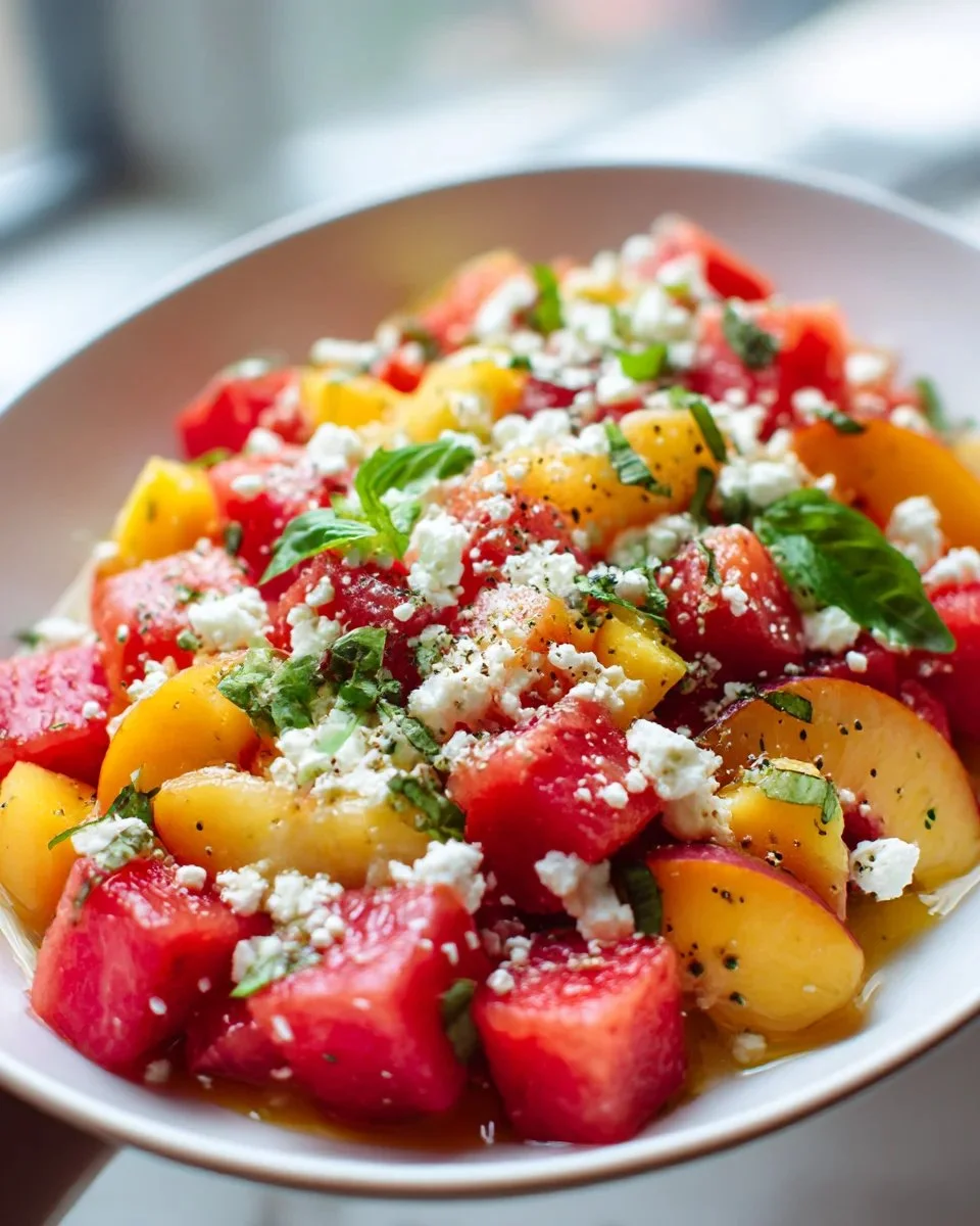 Refreshing watermelon peach salad with vibrant fruits in a bowl