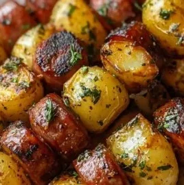 Cowboy Butter Kielbasa and Potato Skewers on a grilling platter