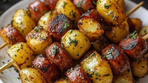 Cowboy Butter Kielbasa and Potato Skewers on a grilling platter