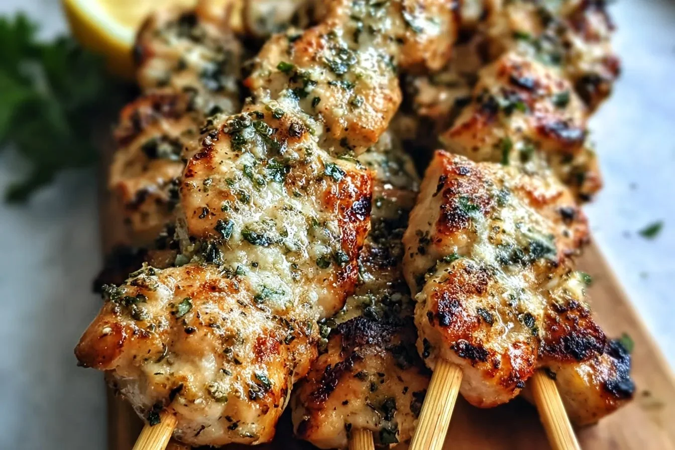 Savory Garlic Parmesan Chicken skewers ready for summer grilling