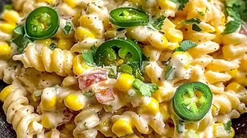 Delicious Mexican Street Corn Pasta Salad served in a bowl with fresh herbs.