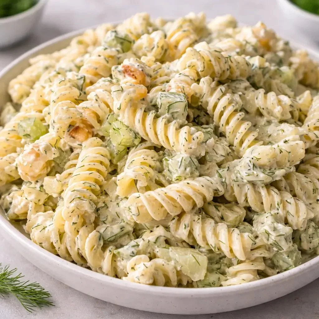 Creamy dill pickle pasta salad served in a bowl with fresh ingredients.