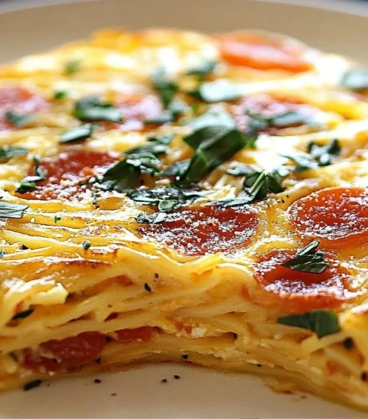 Delicious spaghetti frittata served on a plate with fresh herbs