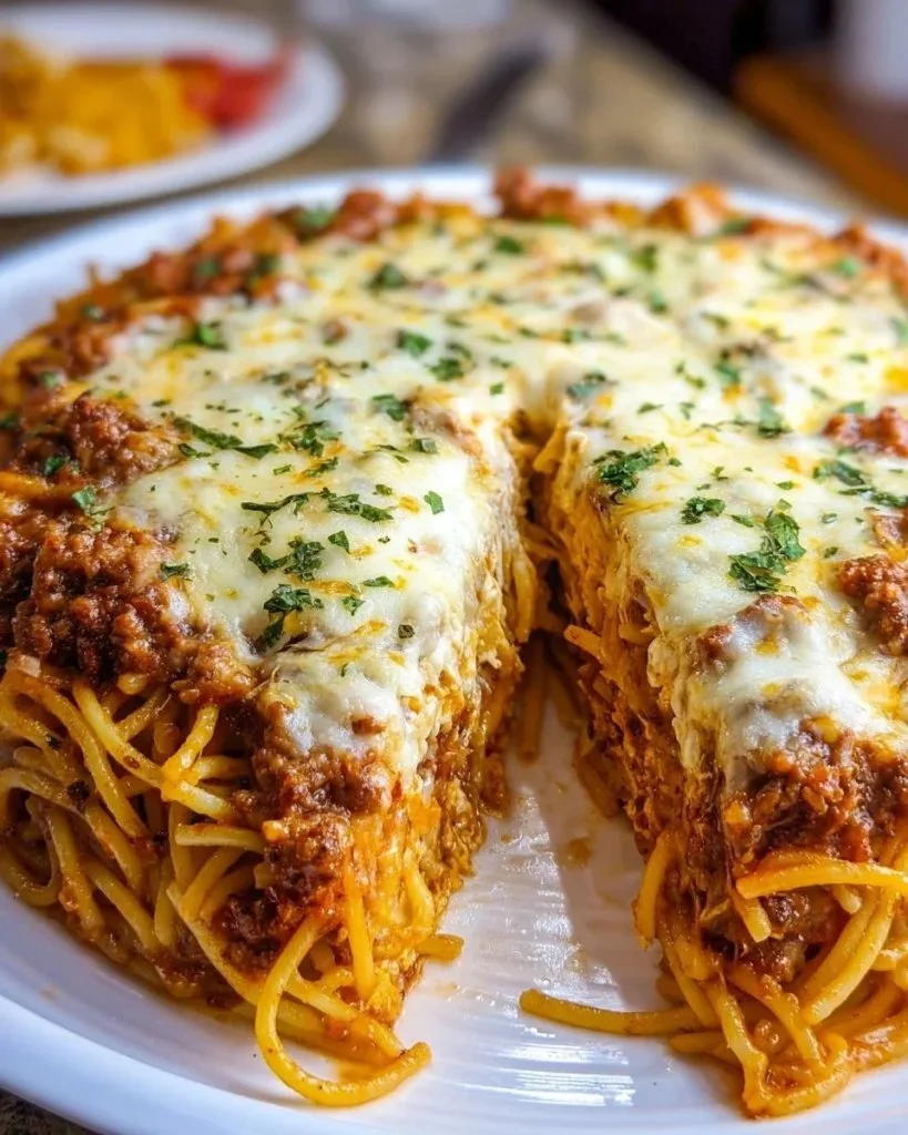 Delicious slice of Spaghetti Pie served on a plate