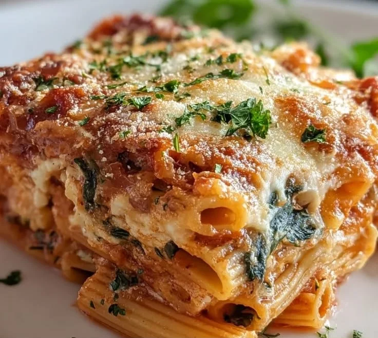 Spinach and Ricotta Pasta Bake topped with cheese and fresh herbs