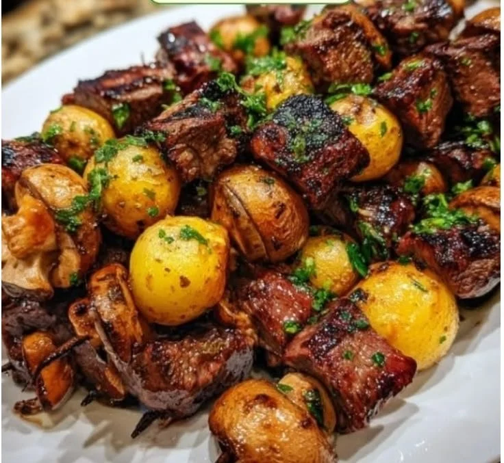 Grilled steak kabobs with colorful vegetables on skewers