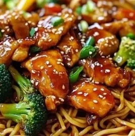 Plate of Sticky Garlic Chicken Noodles garnished with fresh herbs